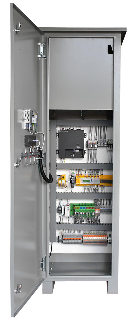 An open panel view of the Flagship HRG in an HR4 enclosure with a resistor heat shield